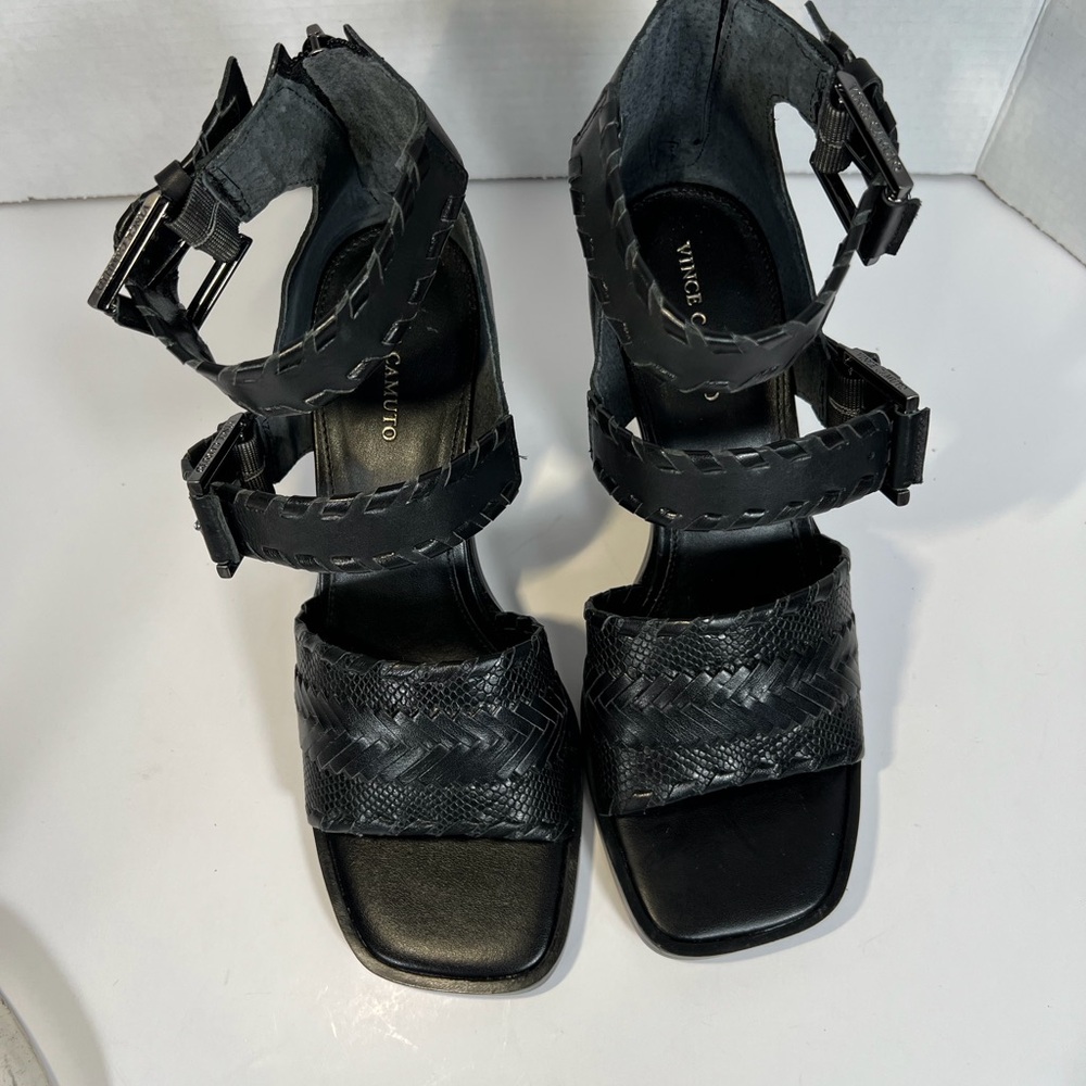 Vince Camuto Suraylin Black Leather Buckle Block Heel Sandals 8.5 Gladiator - Picture 6 of 14